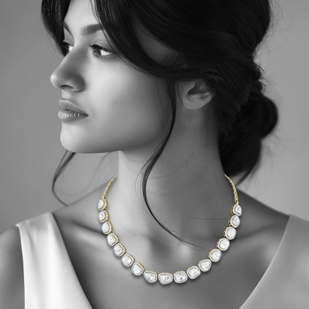 Polki Necklace with Full-Cut Diamond Halo Detailing